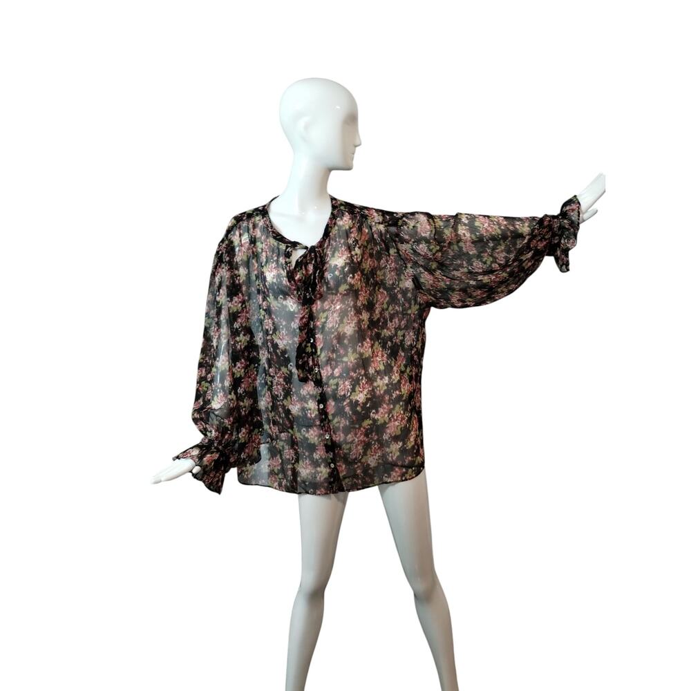 Mango MNG Women's size 3X Sheer Floral Bow Tie Puff Ruffle Sleeve Carol Blouse‎